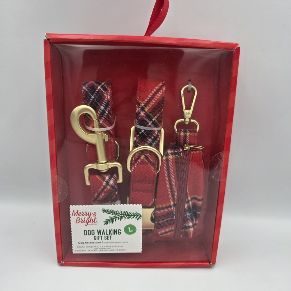 New Merry‎ & Bright Dog Walking Gift Set Large Leash Collar Potty Bags Red Plaid